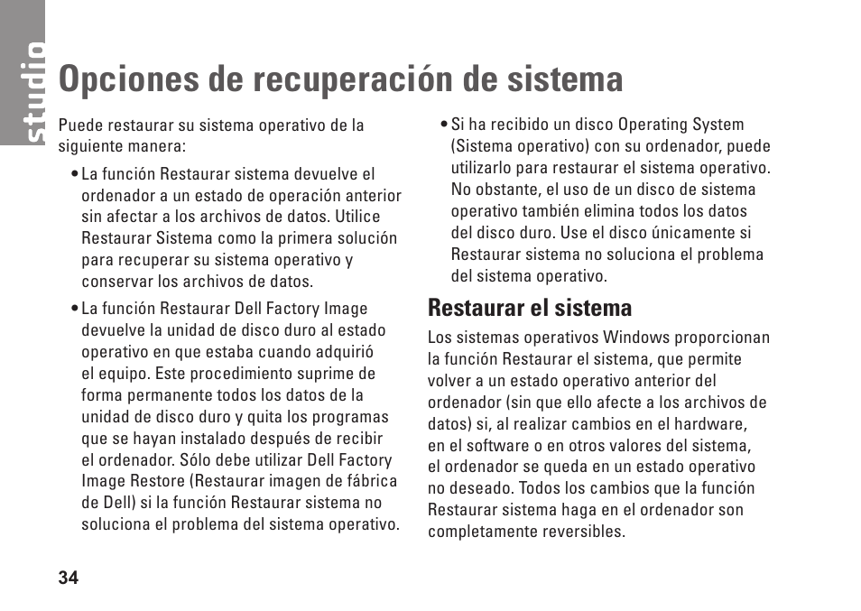 Opciones de recuperación de sistema, Restaurar el sistema, Opciones de recuperación | De sistema | Dell Studio Slim D540S (Late 2008) User Manual | Page 36 / 66