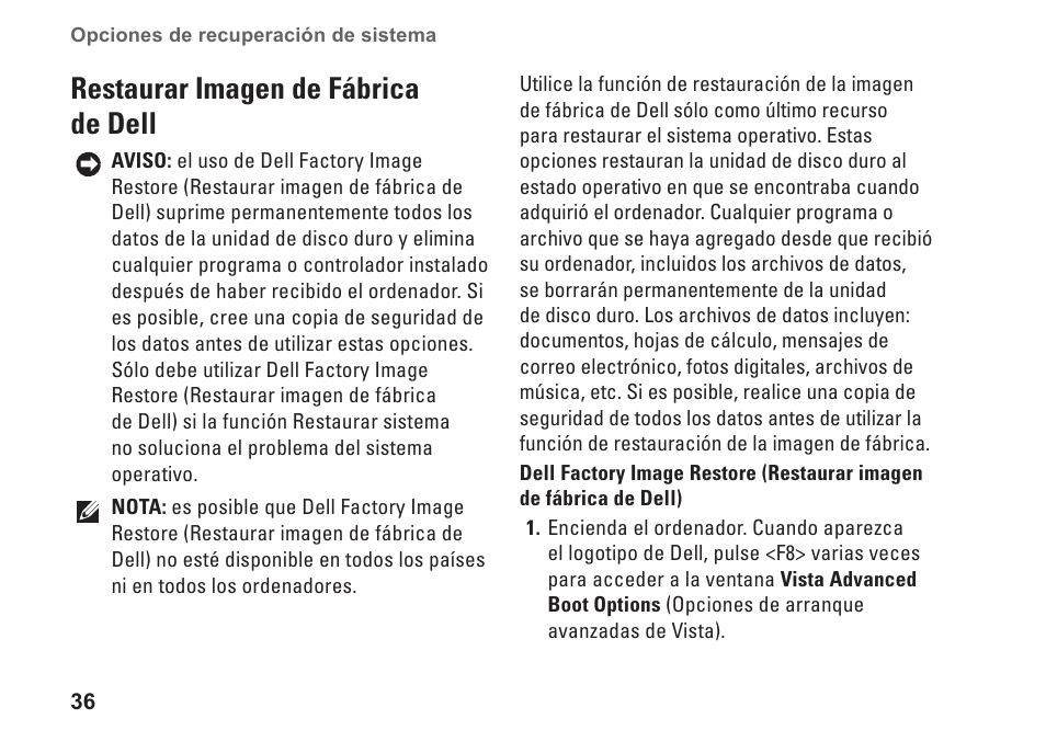 Restaurar imagen de fábrica de dell, Restaurar imagen de fábrica de dell � � � � � 36 | Dell Studio Slim D540S (Late 2008) User Manual | Page 38 / 66