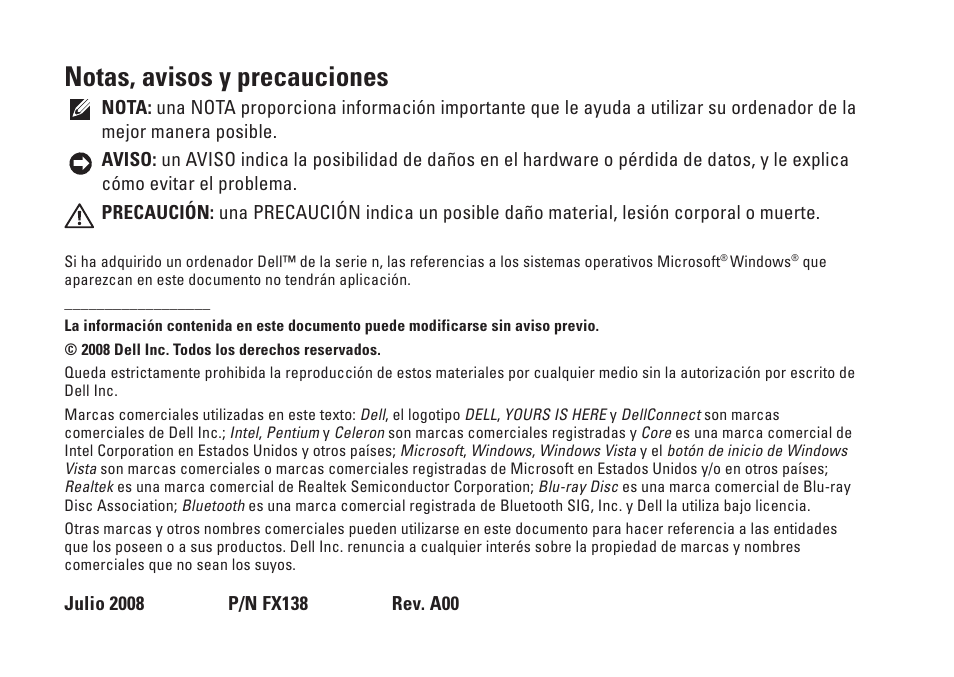 Notas, avisos y precauciones | Dell Studio Slim D540S (Late 2008) User Manual | Page 4 / 66
