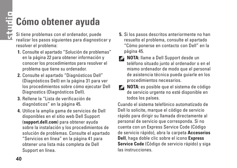 Cómo obtener ayuda | Dell Studio Slim D540S (Late 2008) User Manual | Page 42 / 66