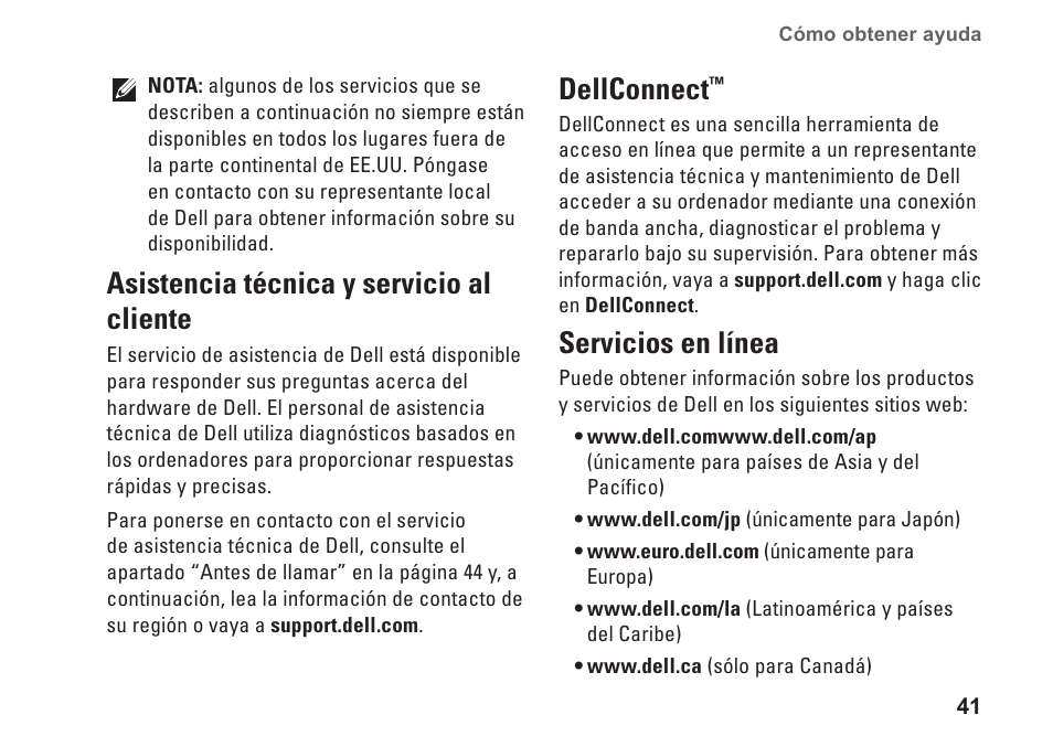 Asistencia técnica y servicio al cliente, Dellconnect, Servicios en línea | Asistencia técnica y servicio | Dell Studio Slim D540S (Late 2008) User Manual | Page 43 / 66