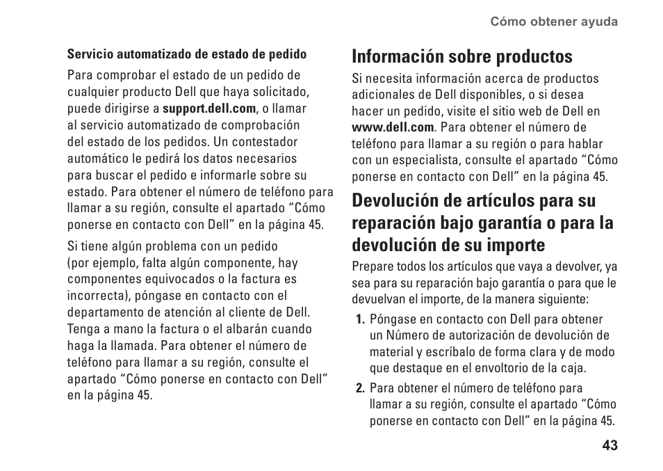 Información sobre productos, Reparación bajo garantía o para la | Dell Studio Slim D540S (Late 2008) User Manual | Page 45 / 66