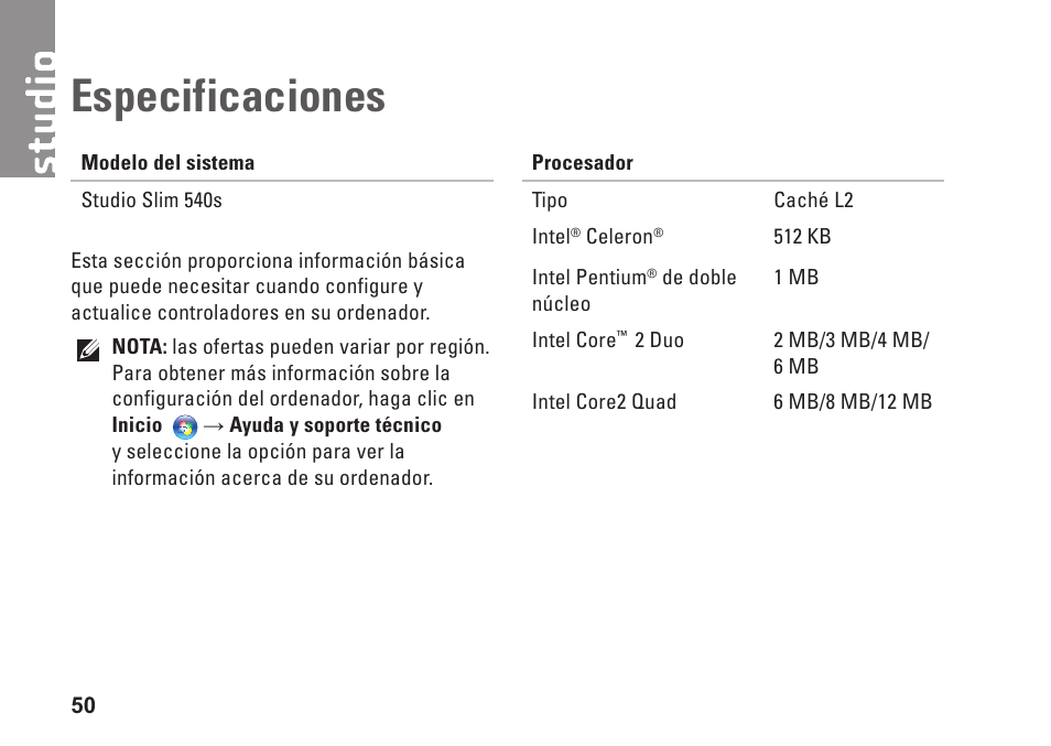 Especificaciones | Dell Studio Slim D540S (Late 2008) User Manual | Page 52 / 66