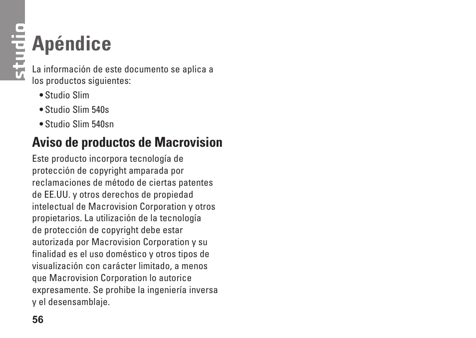 Apéndice, Aviso de productos de macrovision, Aviso de productos de macrovision � � � � � � 56 | Dell Studio Slim D540S (Late 2008) User Manual | Page 58 / 66
