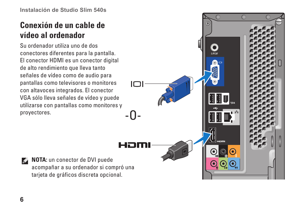 Conexión de un cable de vídeo al ordenador, Conexión de un cable de vídeo | Dell Studio Slim D540S (Late 2008) User Manual | Page 8 / 66