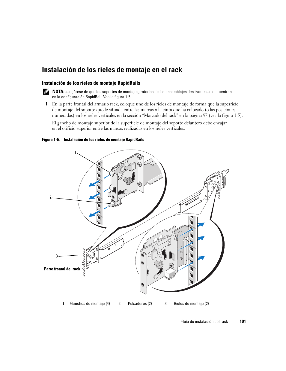 Instalación de los rieles de montaje en el rack, Instalación de los rieles de montaje rapidrails | Dell PowerEdge 2970 User Manual | Page 103 / 112