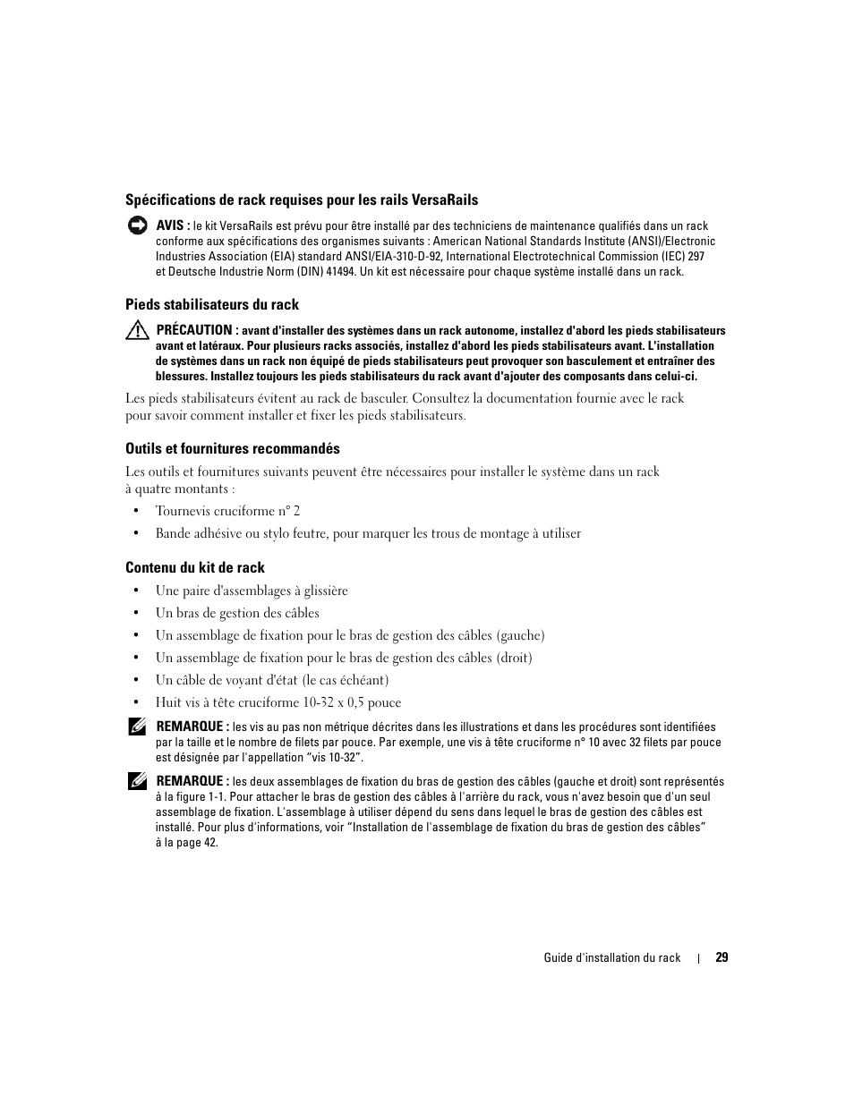 Pieds stabilisateurs du rack, Outils et fournitures recommandés, Contenu du kit de rack | Dell PowerEdge 2970 User Manual | Page 31 / 112