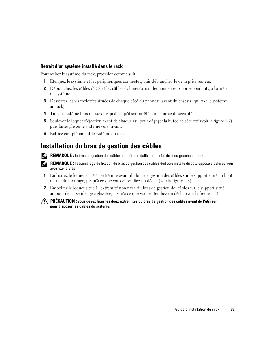Retrait d'un système installé dans le rack, Installation du bras de gestion des câbles | Dell PowerEdge 2970 User Manual | Page 41 / 112