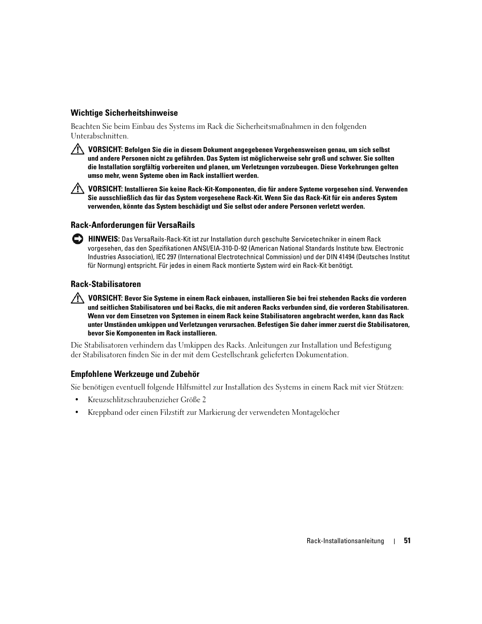 Wichtige sicherheitshinweise, Rack-anforderungen für versarails, Rack-stabilisatoren | Empfohlene werkzeuge und zubehör | Dell PowerEdge 2970 User Manual | Page 53 / 112