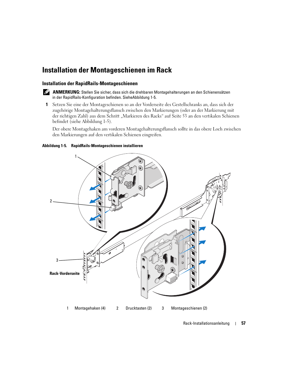 Installation der montageschienen im rack, Installation der rapidrails-montageschienen | Dell PowerEdge 2970 User Manual | Page 59 / 112