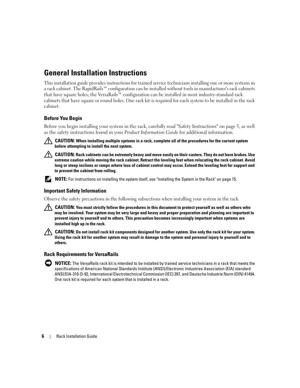 General installation instructions, Before you begin, Important safety information | Rack requirements for versarails | Dell PowerEdge 2970 User Manual | Page 8 / 112