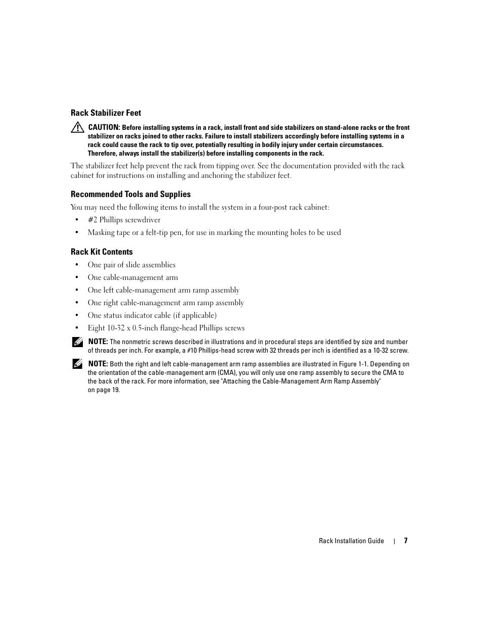 Rack stabilizer feet, Recommended tools and supplies, Rack kit contents | Dell PowerEdge 2970 User Manual | Page 9 / 112