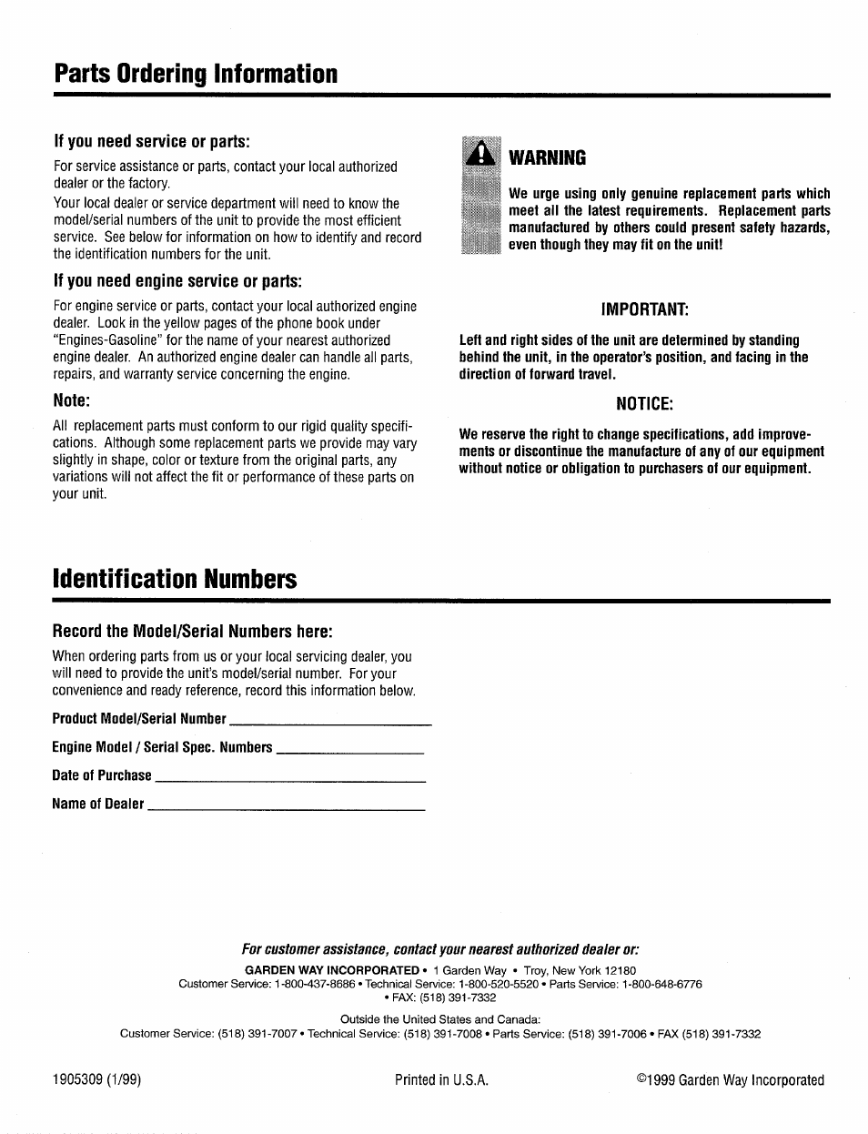 Warning, Parts ordering information, Identification numbers | Bolens 12206 User Manual | Page 16 / 16