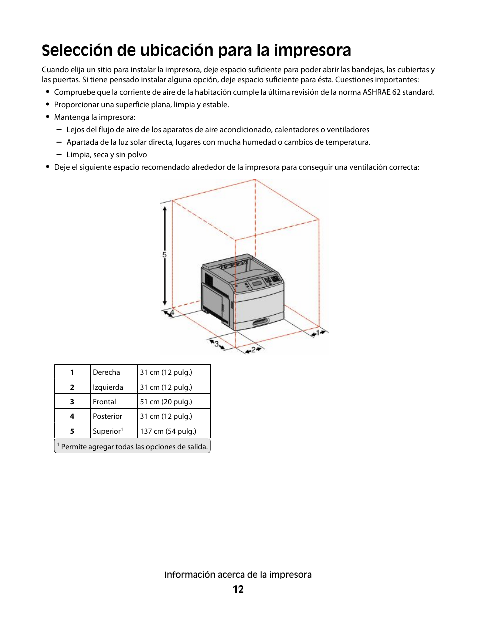 Selección de ubicación para la impresora | Dell 5530/dn Mono Laser Printer User Manual | Page 12 / 217