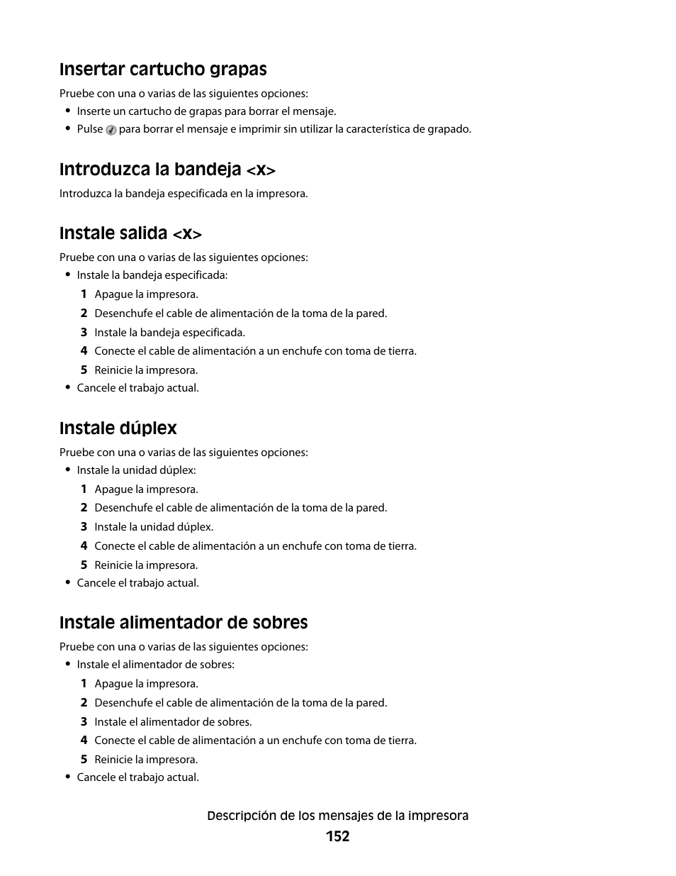 Insertar cartucho grapas, Introduzca la bandeja <x, Instale salida <x | Instale dúplex, Instale alimentador de sobres | Dell 5530/dn Mono Laser Printer User Manual | Page 152 / 217