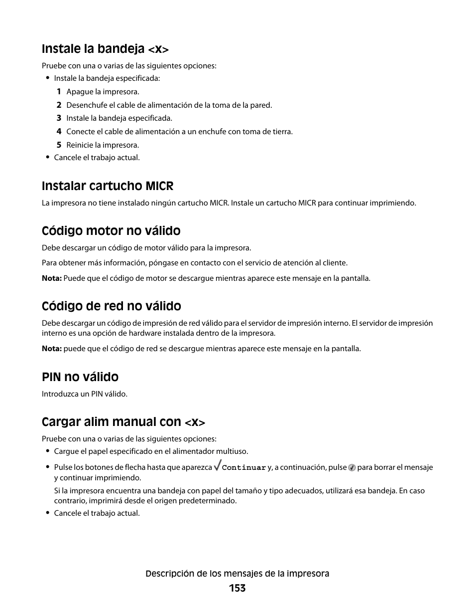 Instale la bandeja <x, Instalar cartucho micr, Código motor no válido | Código de red no válido, Pin no válido, Cargar alim manual con <x | Dell 5530/dn Mono Laser Printer User Manual | Page 153 / 217