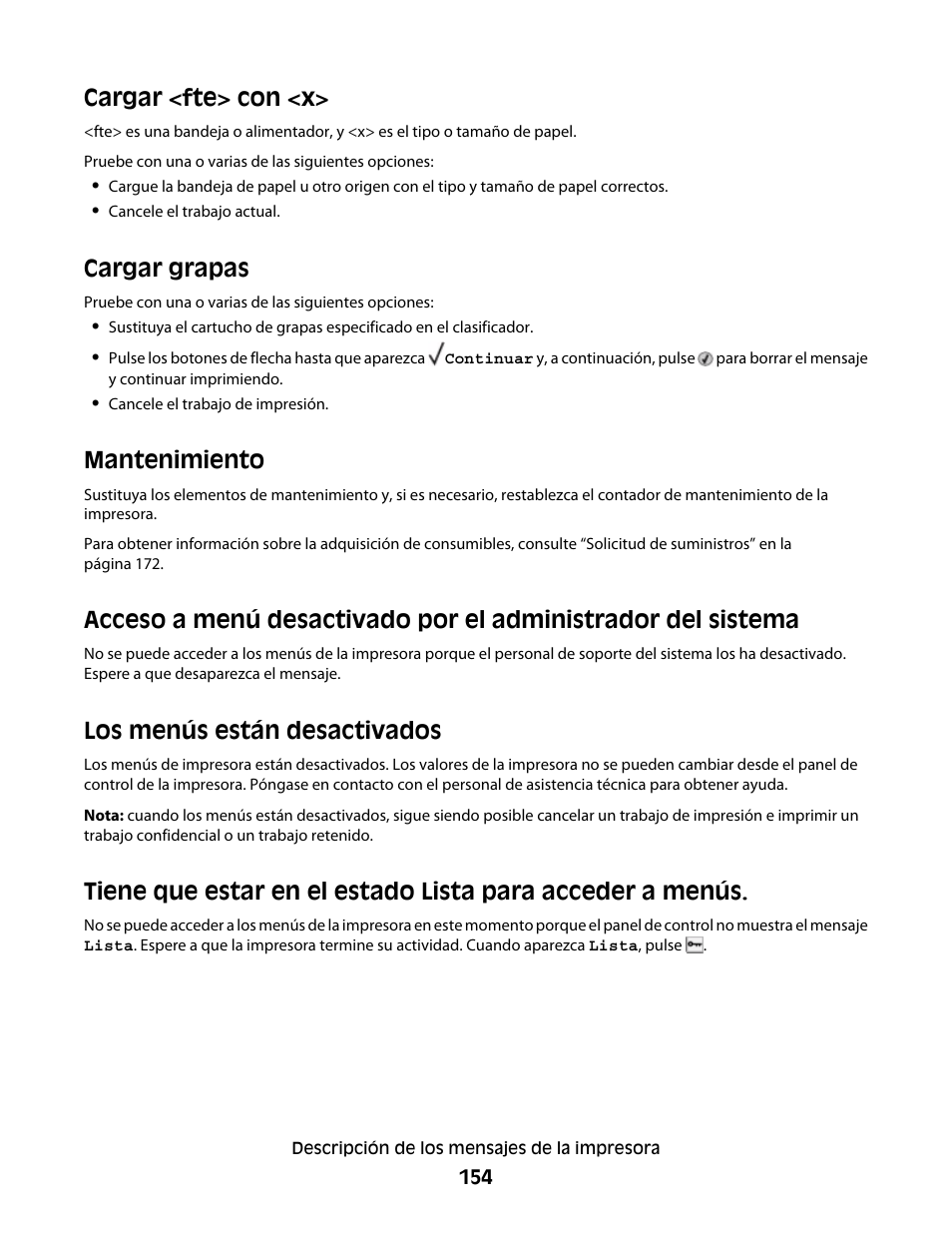 Cargar <fte> con <x, Cargar grapas, Mantenimiento | Los menús están desactivados | Dell 5530/dn Mono Laser Printer User Manual | Page 154 / 217