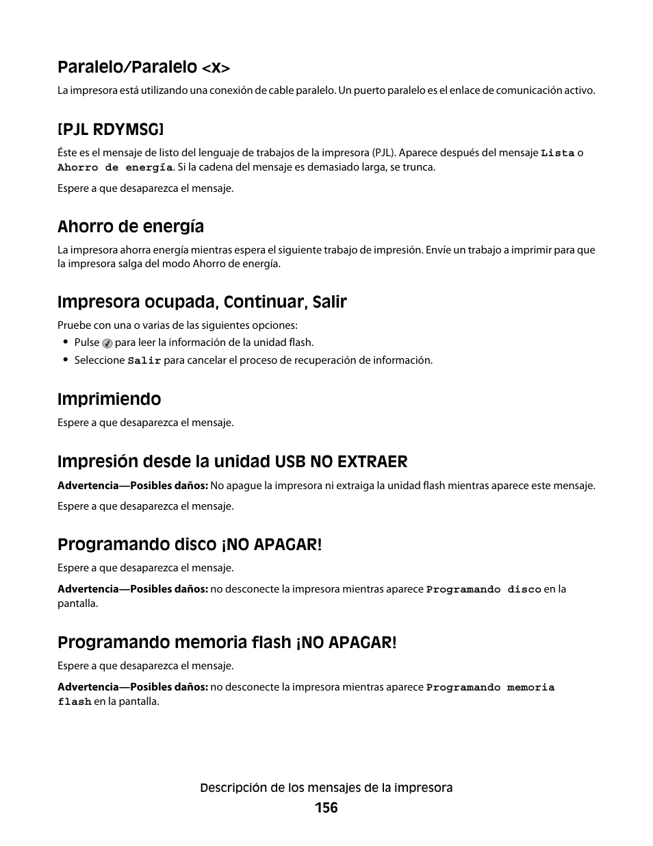 Paralelo/paralelo <x, Pjl rdymsg, Ahorro de energía | Impresora ocupada, continuar, salir, Imprimiendo, Impresión desde la unidad usb no extraer, Programando disco ¡no apagar, Programando memoria flash ¡no apagar | Dell 5530/dn Mono Laser Printer User Manual | Page 156 / 217