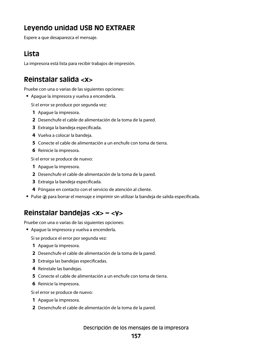 Leyendo unidad usb no extraer, Lista, Reinstalar salida <x | Reinstalar bandejas <x> – <y | Dell 5530/dn Mono Laser Printer User Manual | Page 157 / 217