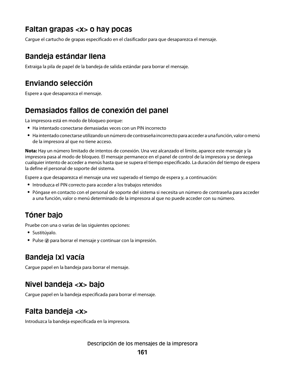 Faltan grapas <x> o hay pocas, Bandeja estándar llena, Enviando selección | Demasiados fallos de conexión del panel, Tóner bajo, Bandeja [x] vacía, Nivel bandeja <x> bajo, Falta bandeja <x | Dell 5530/dn Mono Laser Printer User Manual | Page 161 / 217