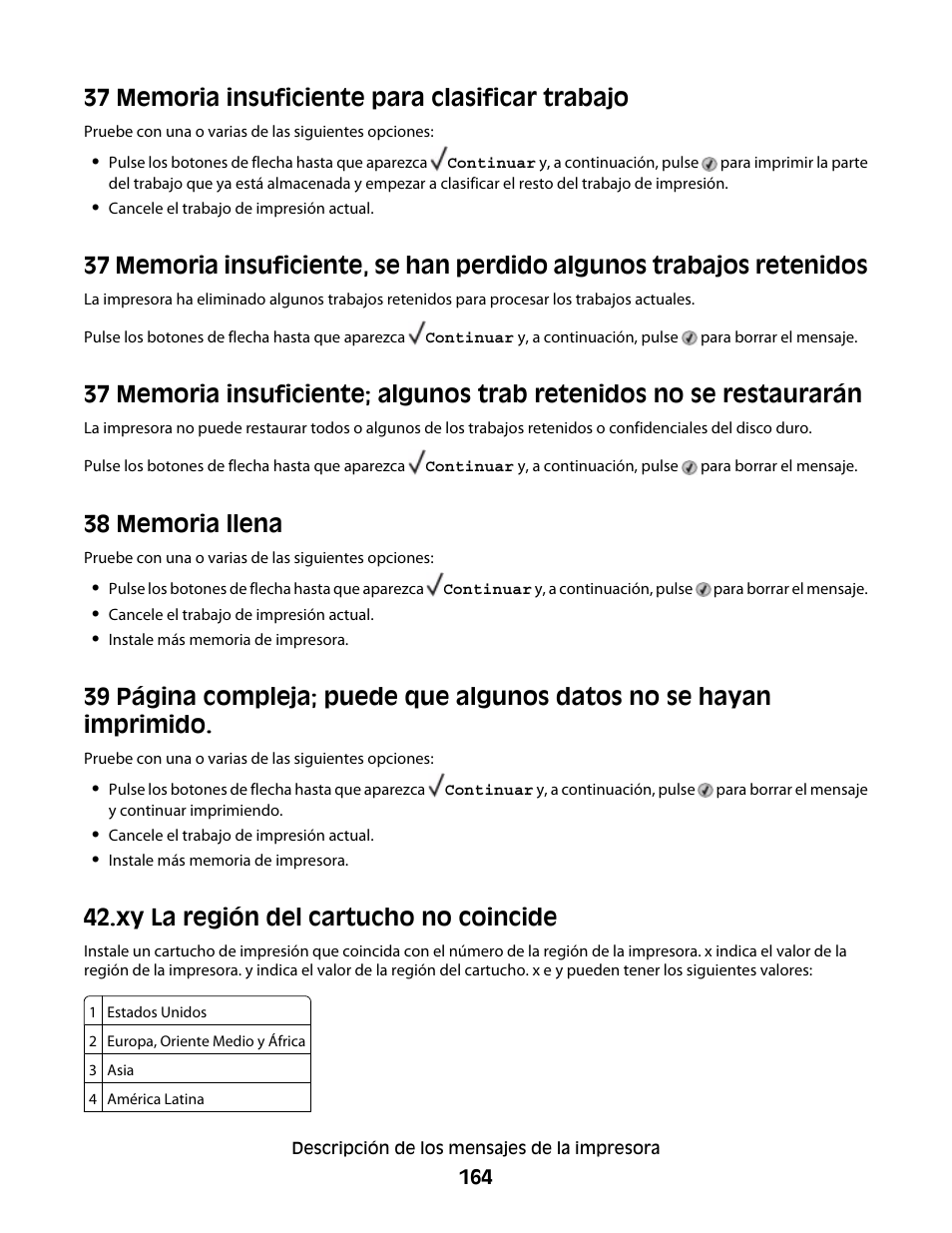 37 memoria insuficiente para clasificar trabajo, 38 memoria llena, Xy la región del cartucho no coincide | Dell 5530/dn Mono Laser Printer User Manual | Page 164 / 217