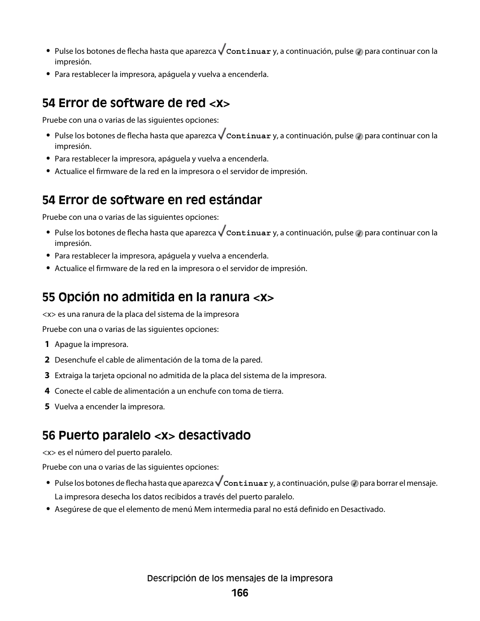 54 error de software de red <x, 54 error de software en red estándar, 55 opción no admitida en la ranura <x | 56 puerto paralelo <x> desactivado | Dell 5530/dn Mono Laser Printer User Manual | Page 166 / 217