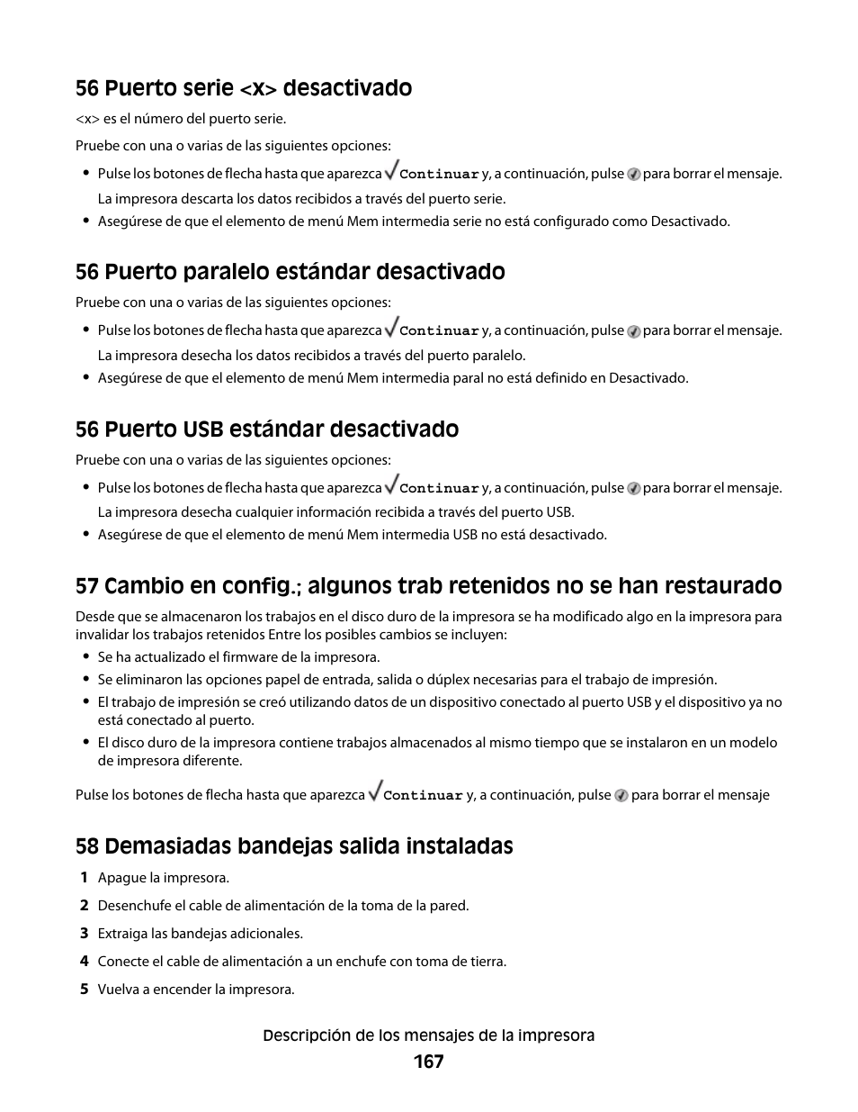 56 puerto serie <x> desactivado, 56 puerto paralelo estándar desactivado, 56 puerto usb estándar desactivado | 58 demasiadas bandejas salida instaladas | Dell 5530/dn Mono Laser Printer User Manual | Page 167 / 217