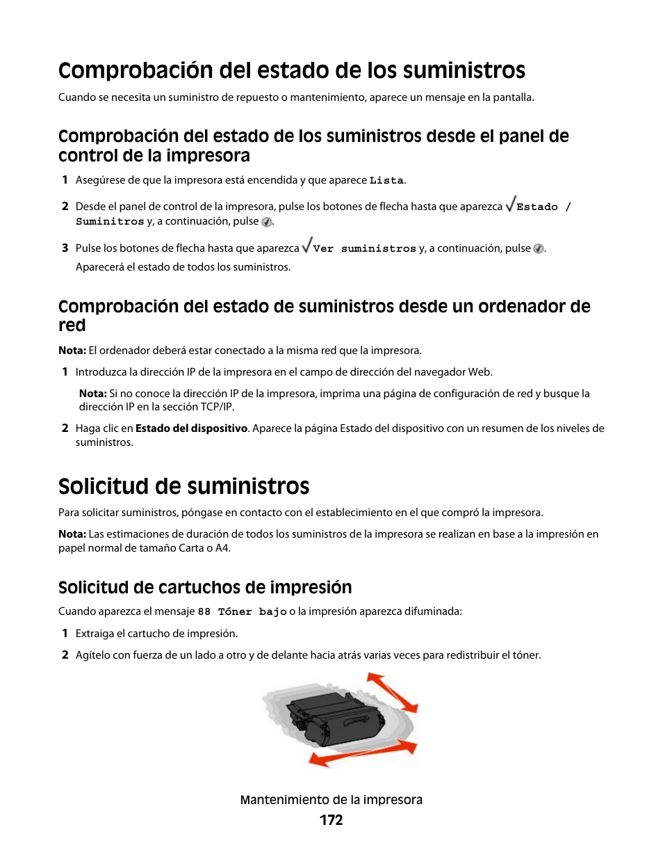 Comprobación del estado de los suministros, Solicitud de suministros, Solicitud de cartuchos de impresión | Dell 5530/dn Mono Laser Printer User Manual | Page 172 / 217