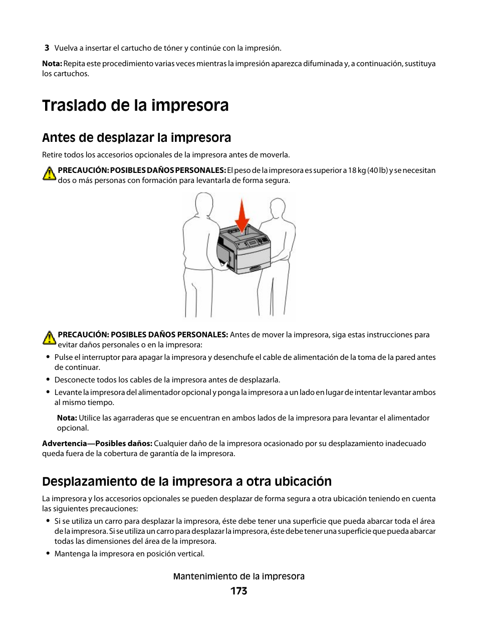 Traslado de la impresora, Antes de desplazar la impresora, Desplazamiento de la impresora a otra ubicación | Dell 5530/dn Mono Laser Printer User Manual | Page 173 / 217