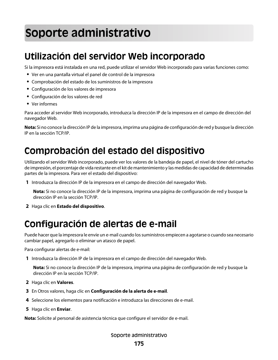 Soporte administrativo, Utilización del servidor web incorporado, Comprobación del estado del dispositivo | Configuración de alertas de e-mail | Dell 5530/dn Mono Laser Printer User Manual | Page 175 / 217