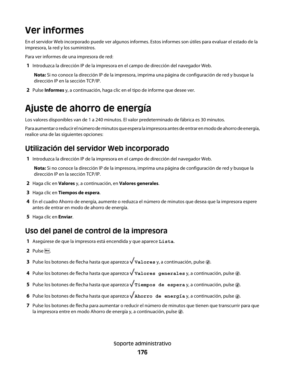 Ver informes, Ajuste de ahorro de energía, Ver informes ajuste de ahorro de energía | Utilización del servidor web incorporado, Uso del panel de control de la impresora | Dell 5530/dn Mono Laser Printer User Manual | Page 176 / 217