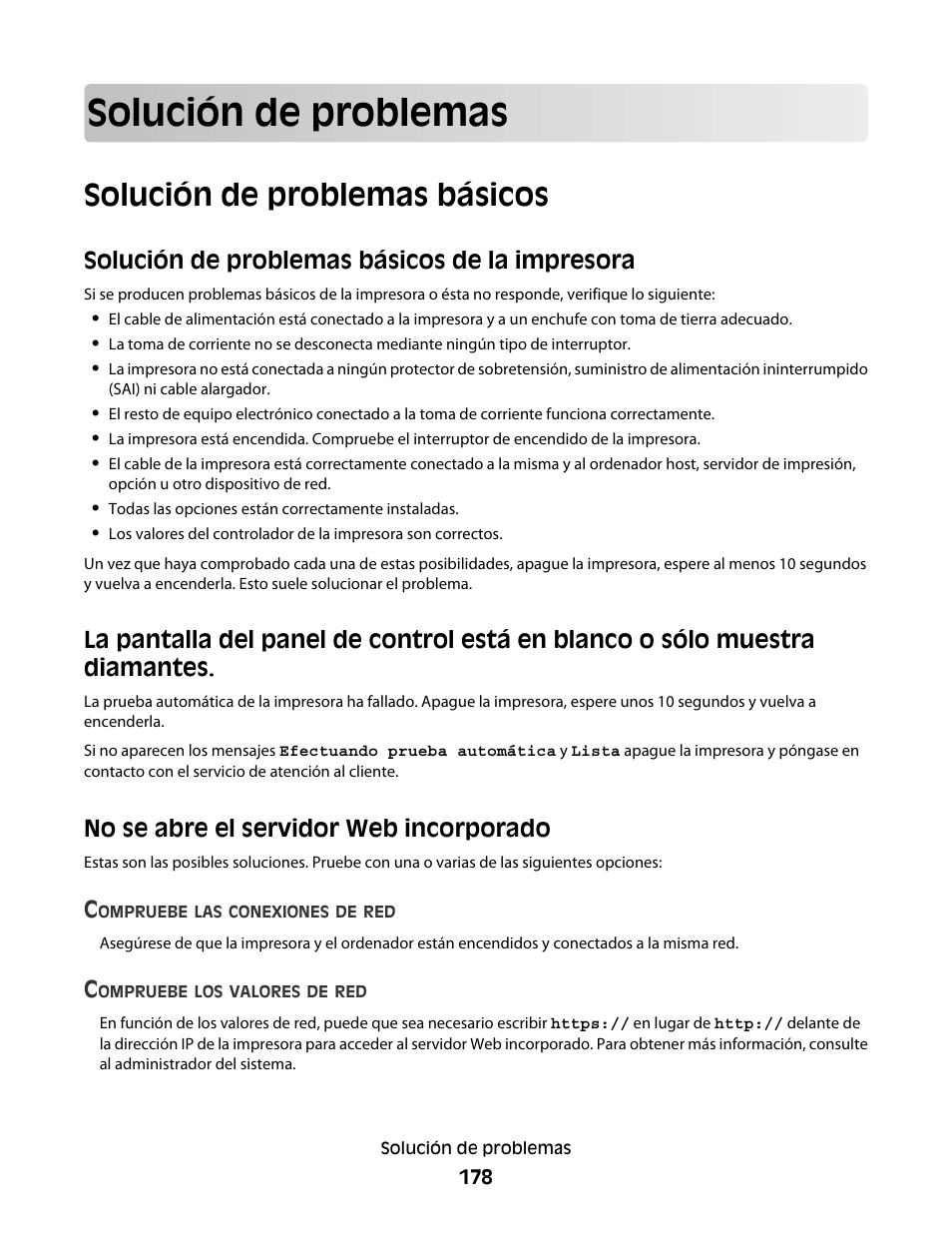 Solución de problemas, Solución de problemas básicos, Solución de problemas básicos de la impresora | No se abre el servidor web incorporado | Dell 5530/dn Mono Laser Printer User Manual | Page 178 / 217