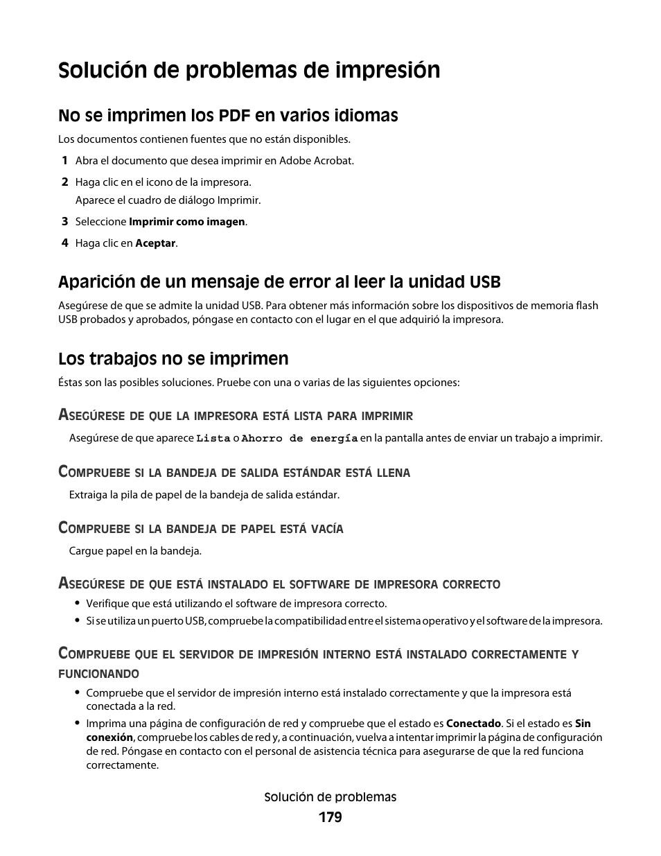 Solución de problemas de impresión, No se imprimen los pdf en varios idiomas, Los trabajos no se imprimen | Dell 5530/dn Mono Laser Printer User Manual | Page 179 / 217