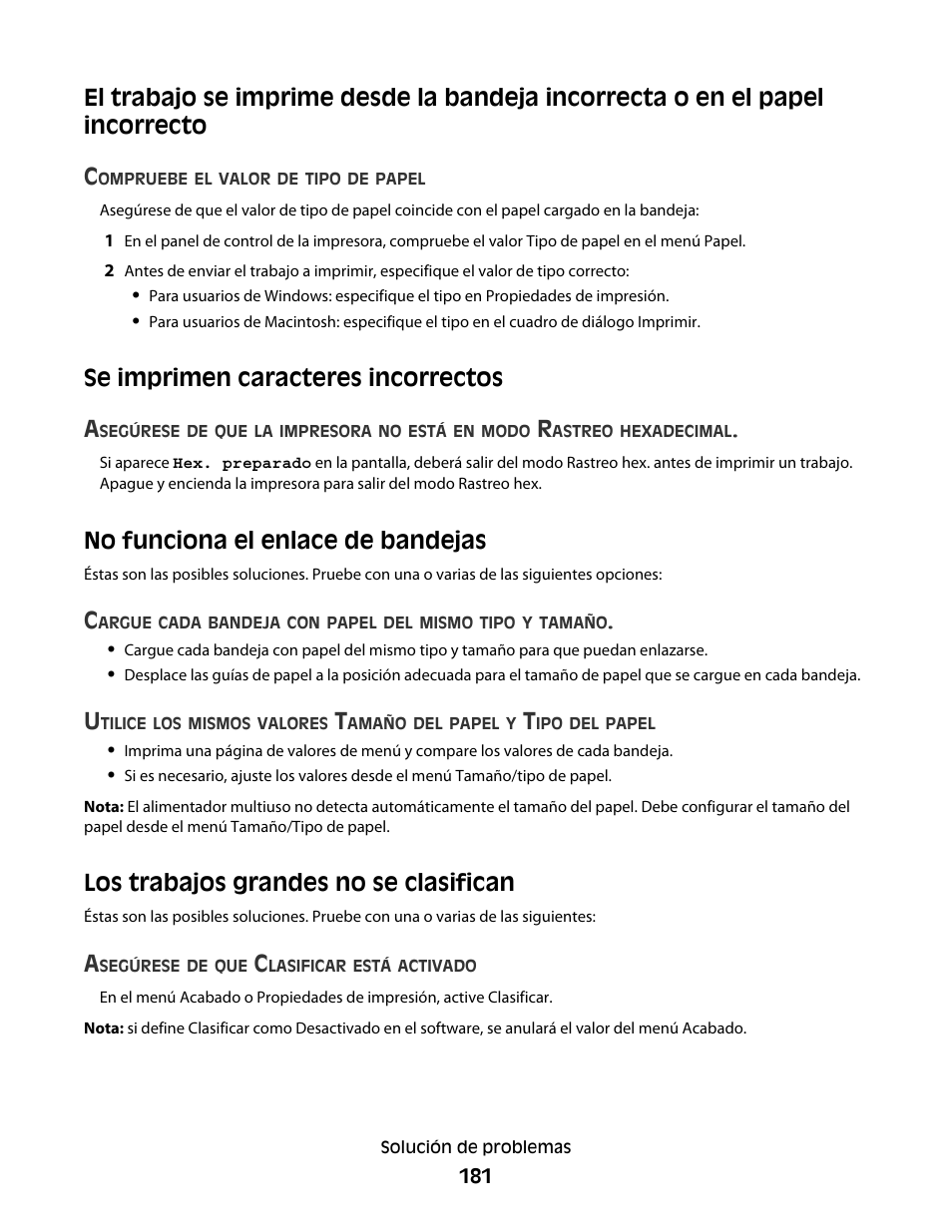 Se imprimen caracteres incorrectos, No funciona el enlace de bandejas, Los trabajos grandes no se clasifican | Se imprimen caracteres incorrectos a | Dell 5530/dn Mono Laser Printer User Manual | Page 181 / 217