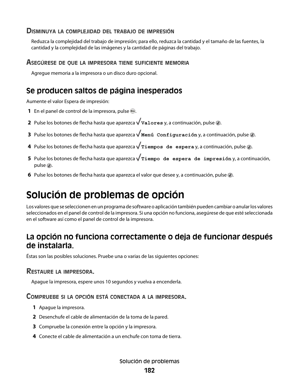 Solución de problemas de opción, Se producen saltos de página inesperados | Dell 5530/dn Mono Laser Printer User Manual | Page 182 / 217