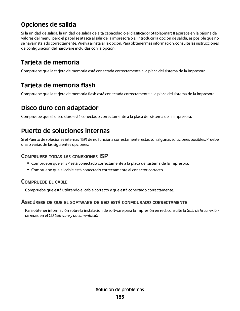 Opciones de salida, Tarjeta de memoria, Tarjeta de memoria flash | Disco duro con adaptador, Puerto de soluciones internas | Dell 5530/dn Mono Laser Printer User Manual | Page 185 / 217