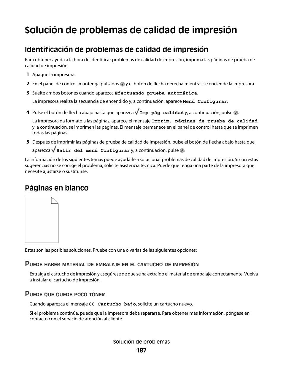Solución de problemas de calidad de impresión, Páginas en blanco | Dell 5530/dn Mono Laser Printer User Manual | Page 187 / 217