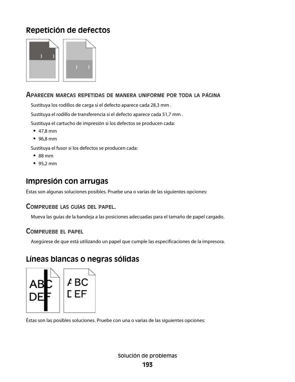 Repetición de defectos, Impresión con arrugas, Líneas blancas o negras sólidas | Repetición de defectos a | Dell 5530/dn Mono Laser Printer User Manual | Page 193 / 217