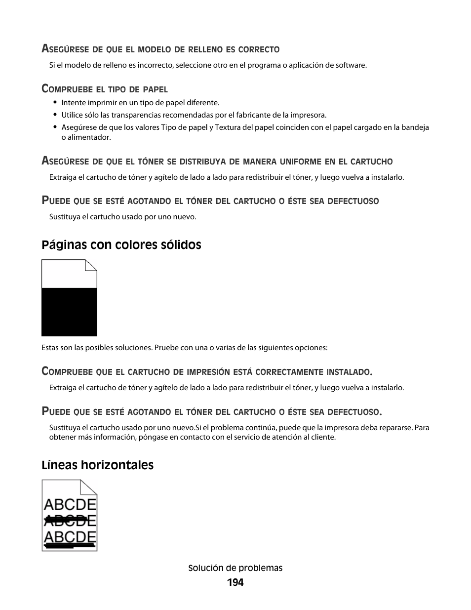 Líneas horizontales, Páginas con colores sólidos | Dell 5530/dn Mono Laser Printer User Manual | Page 194 / 217