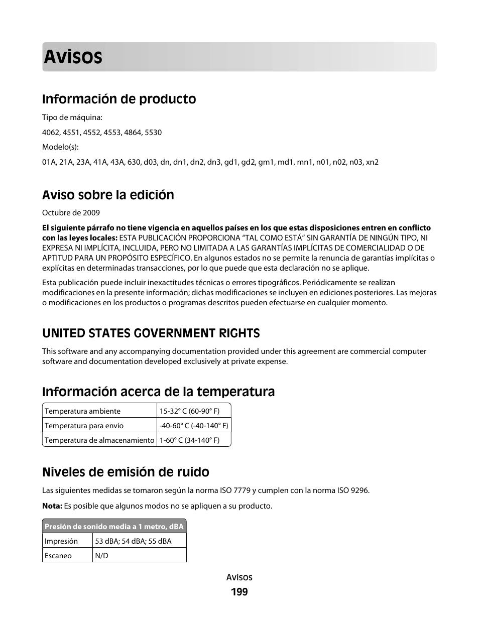 Avisos, Información de producto, Aviso sobre la edición | United states government rights, Información acerca de la temperatura, Niveles de emisión de ruido, Información de producto aviso sobre la edición | Dell 5530/dn Mono Laser Printer User Manual | Page 199 / 217