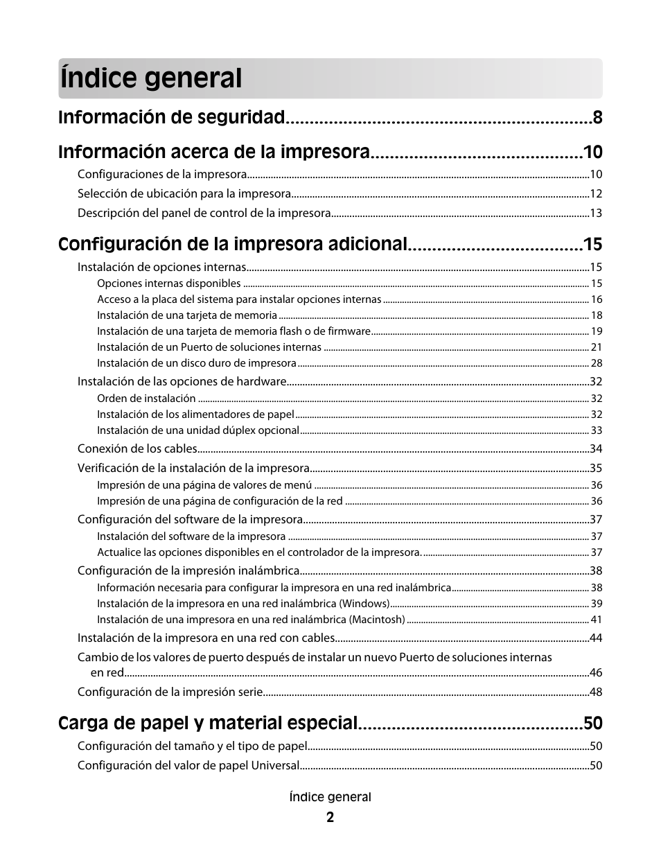 Índice general, Configuración de la impresora adicional, Carga de papel y material especial | Dell 5530/dn Mono Laser Printer User Manual | Page 2 / 217