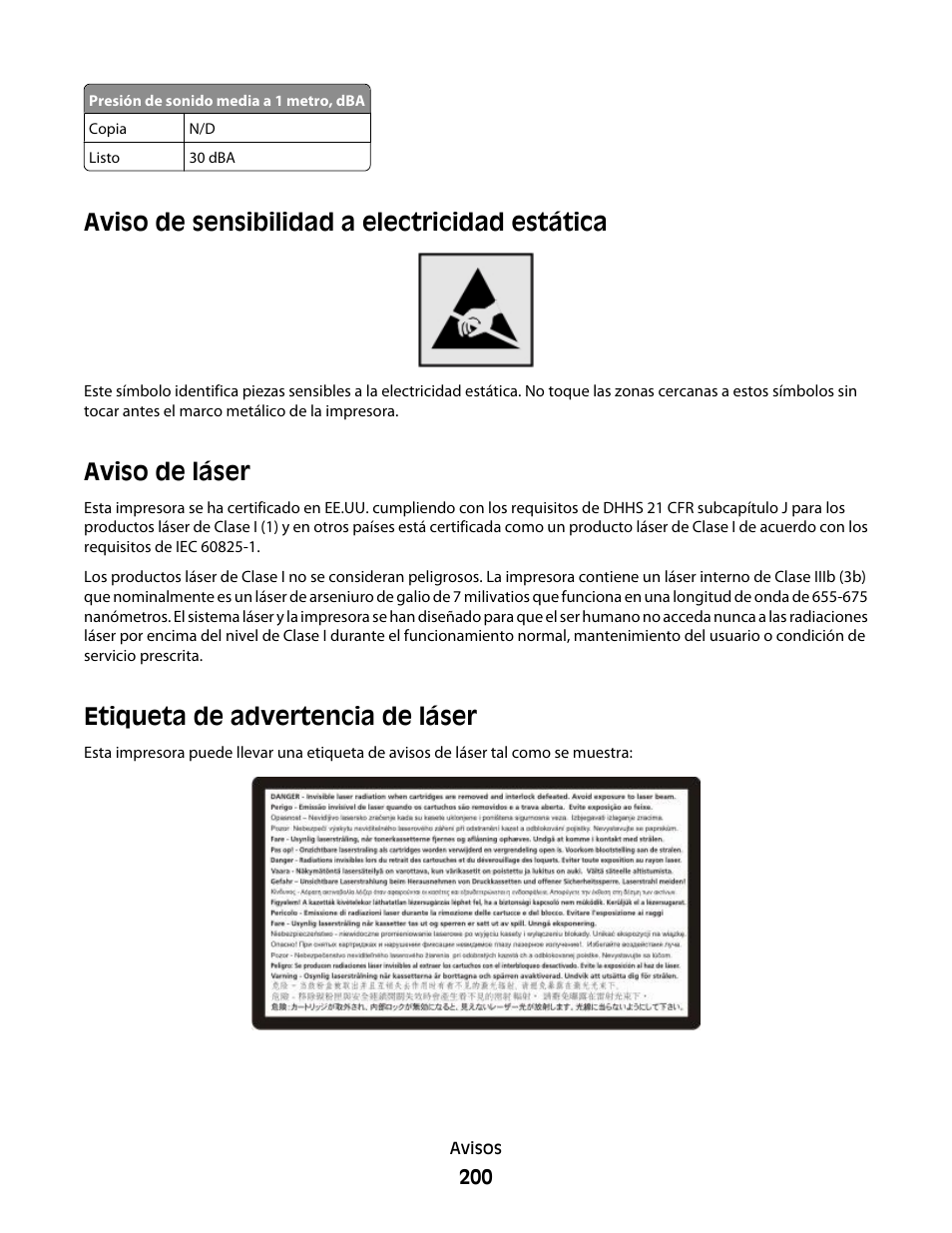 Aviso de sensibilidad a electricidad estática, Aviso de láser, Etiqueta de advertencia de láser | Dell 5530/dn Mono Laser Printer User Manual | Page 200 / 217