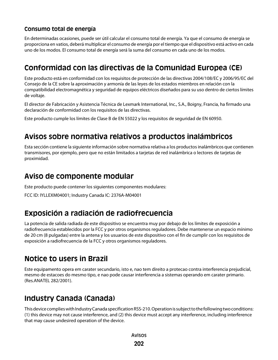 Consumo total de energía, Aviso de componente modular, Exposición a radiación de radiofrecuencia | Notice to users in brazil, Industry canada (canada) | Dell 5530/dn Mono Laser Printer User Manual | Page 202 / 217
