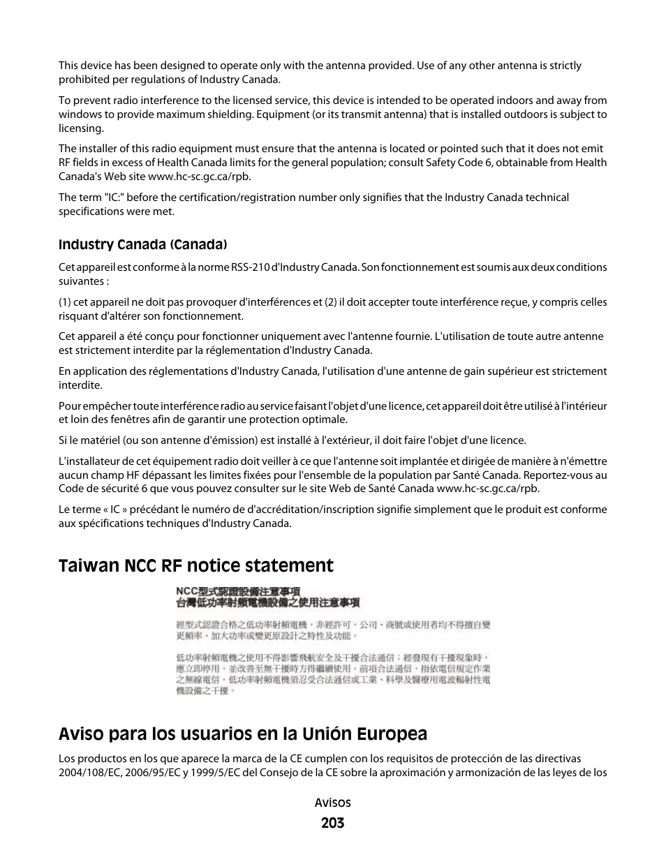 Taiwan ncc rf notice statement, Aviso para los usuarios en la unión europea | Dell 5530/dn Mono Laser Printer User Manual | Page 203 / 217