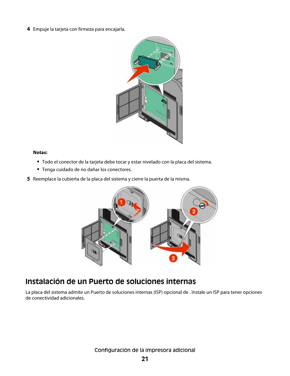 Instalación de un puerto de soluciones internas | Dell 5530/dn Mono Laser Printer User Manual | Page 21 / 217