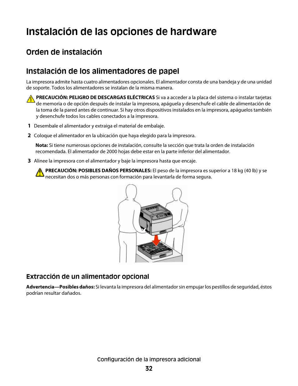 Instalación de las opciones de hardware, Orden de instalación, Instalación de los alimentadores de papel | Dell 5530/dn Mono Laser Printer User Manual | Page 32 / 217