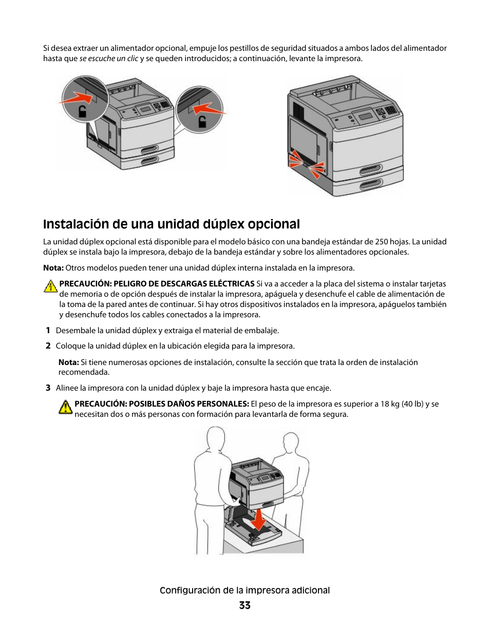 Instalación de una unidad dúplex opcional | Dell 5530/dn Mono Laser Printer User Manual | Page 33 / 217