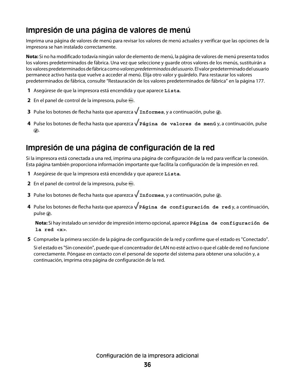 Impresión de una página de valores de menú, Impresión de una página de configuración de la red | Dell 5530/dn Mono Laser Printer User Manual | Page 36 / 217