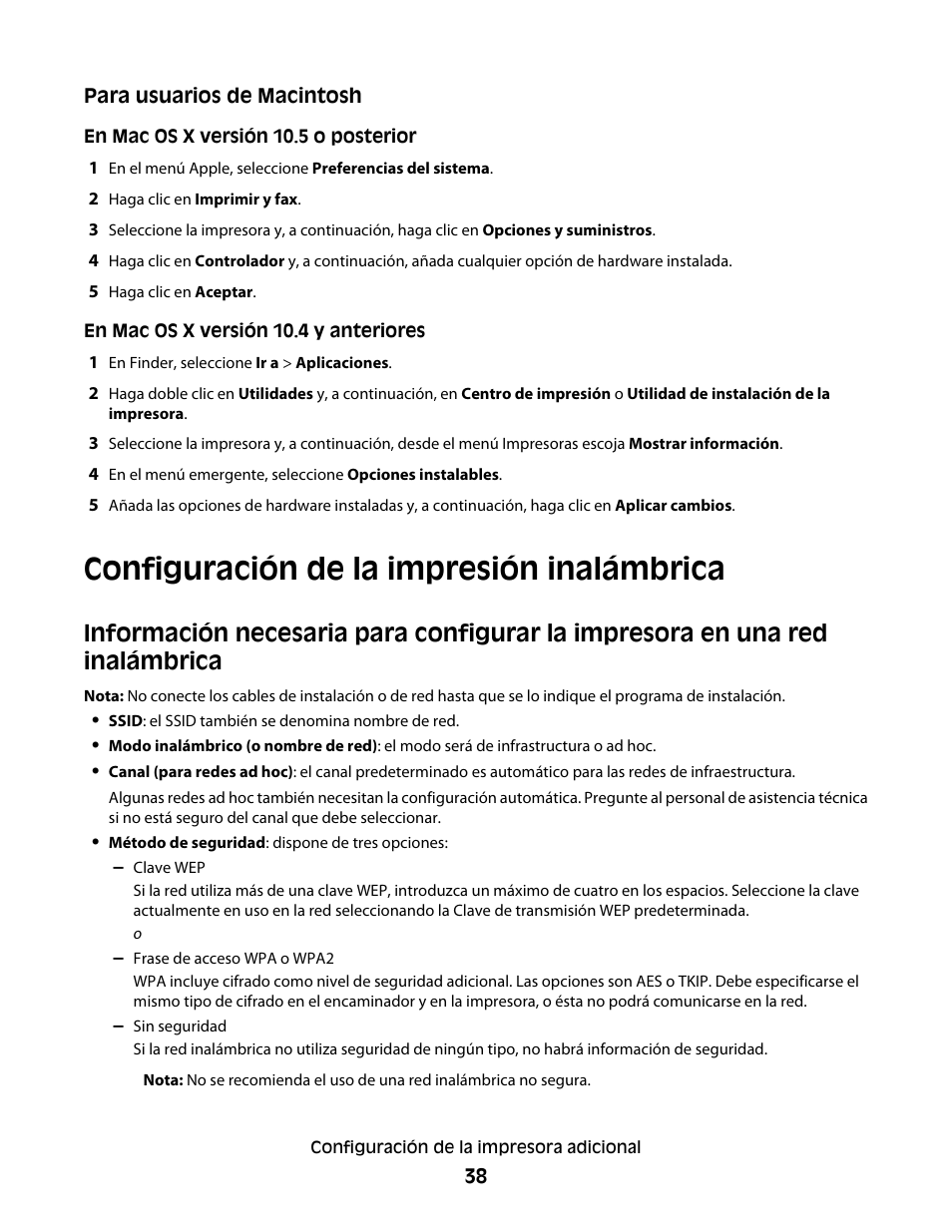 Configuración de la impresión inalámbrica | Dell 5530/dn Mono Laser Printer User Manual | Page 38 / 217