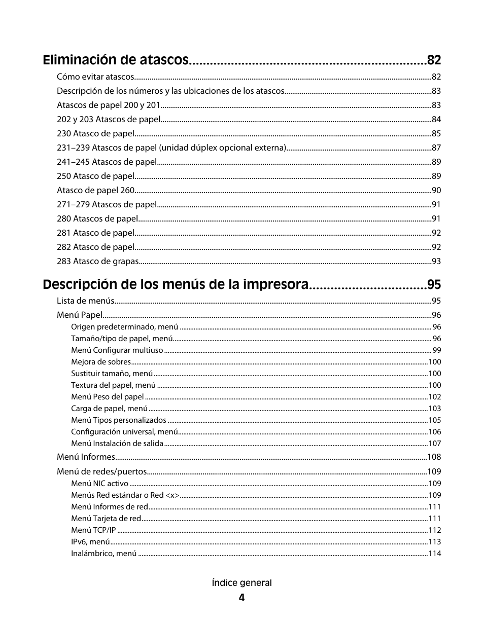 Eliminación de atascos, Descripción de los menús de la impresora | Dell 5530/dn Mono Laser Printer User Manual | Page 4 / 217